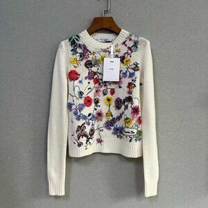 Dior White Cashmere Knit with Multicolor Embroidered Sweater
